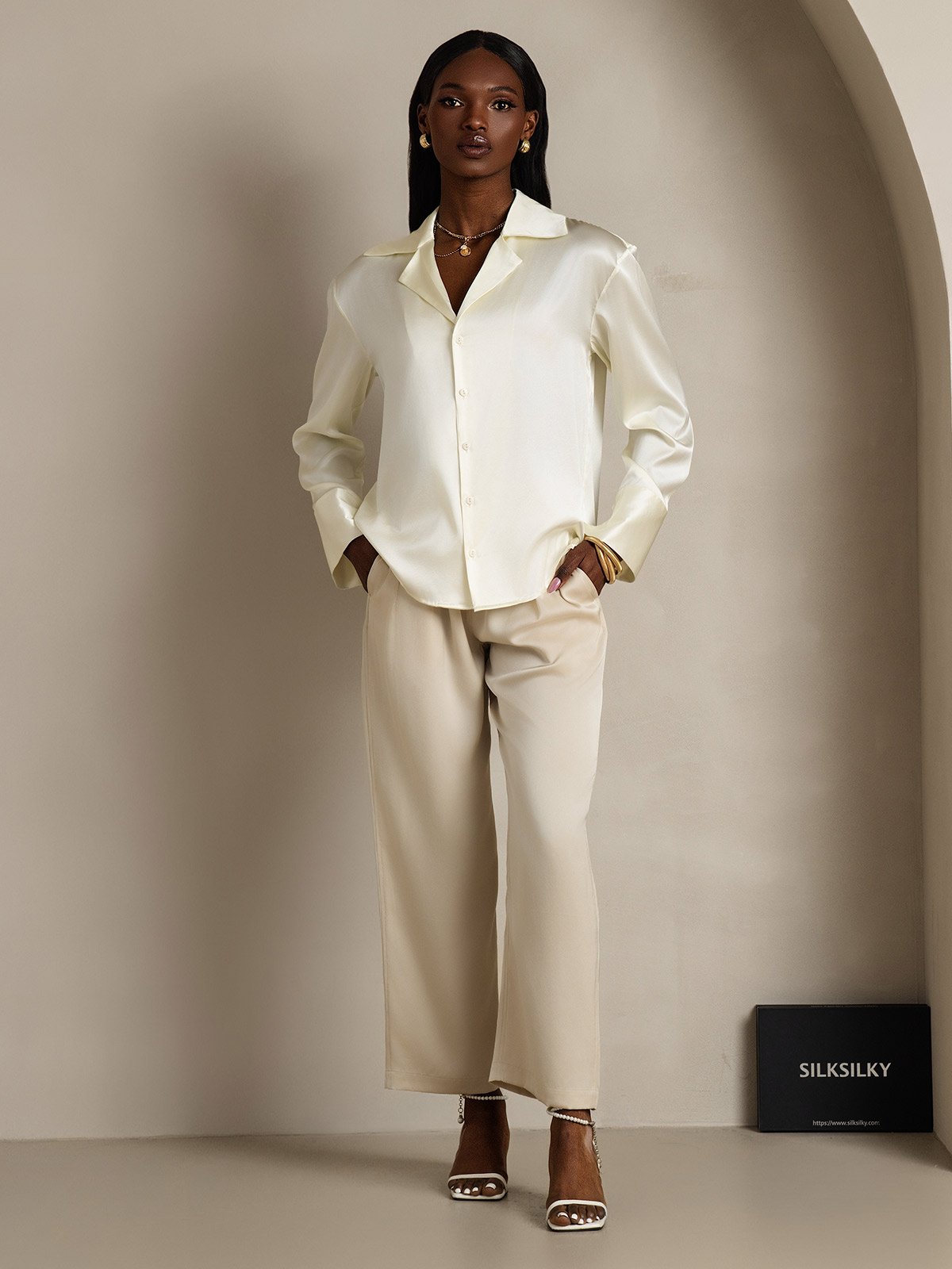 SilkSilky-UK 19Momme Silk Long Sleeve Lapel Women's Shirt Ivory 006
