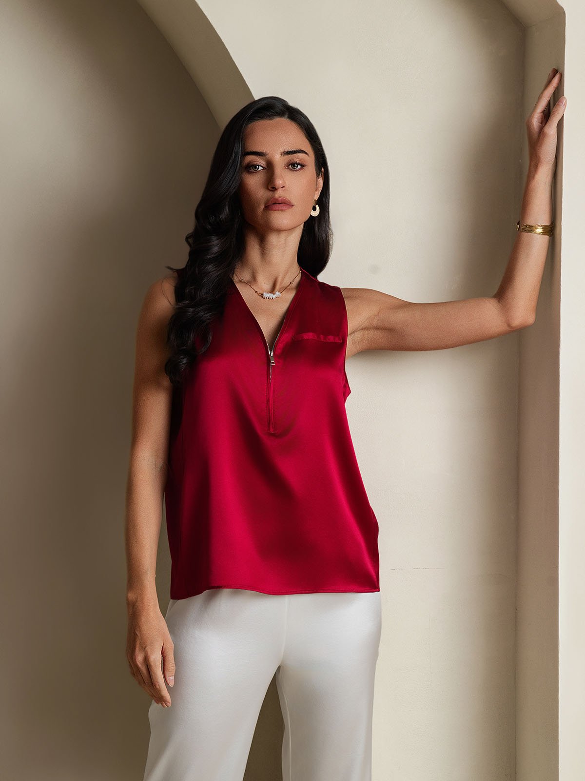 [Wine] SilkSilky-UK 19Momme Silk V Neck Women's Shirt 006,