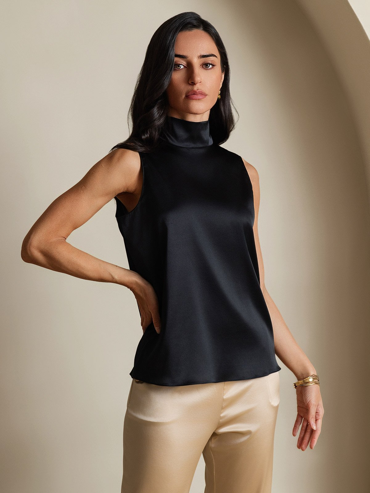 SilkSilky-UK 19Momme Silk Tie Neck Women's Shirt Black 006
