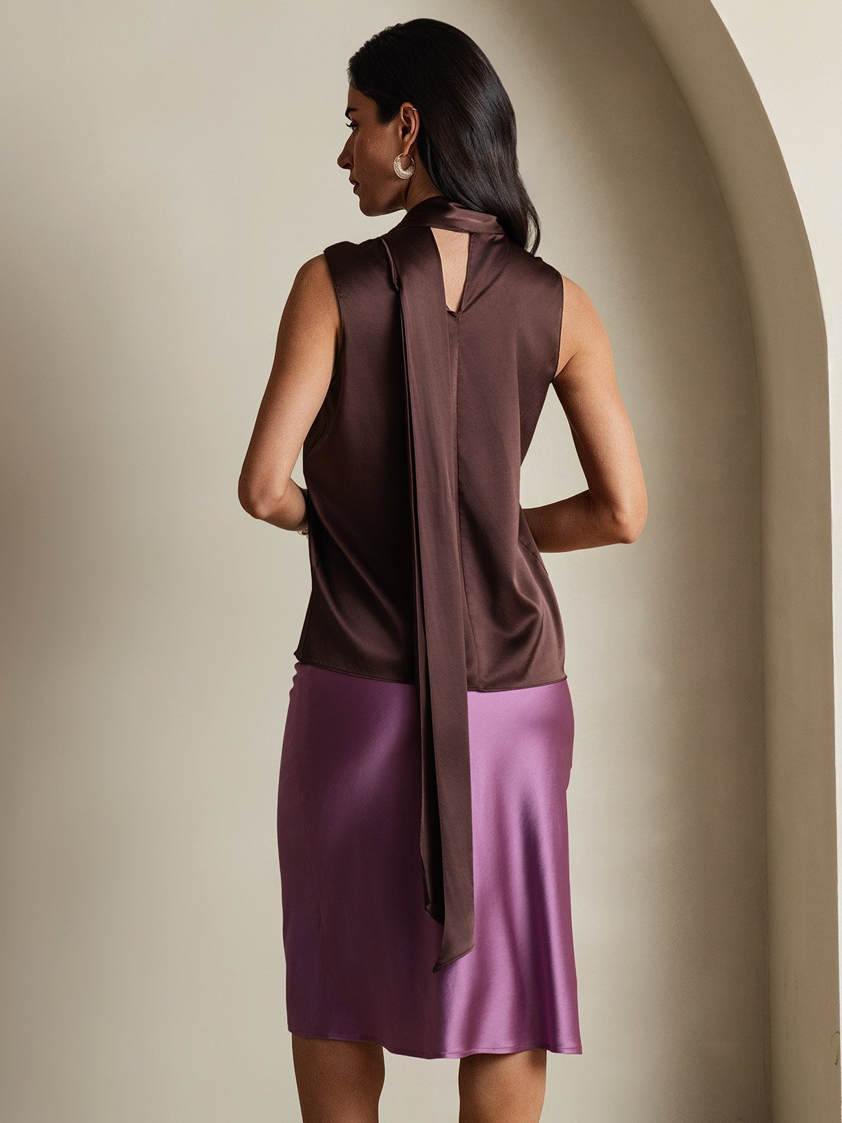 SilkSilky-UK 19Momme Silk Tie Neck Women's Shirt Coffee 002