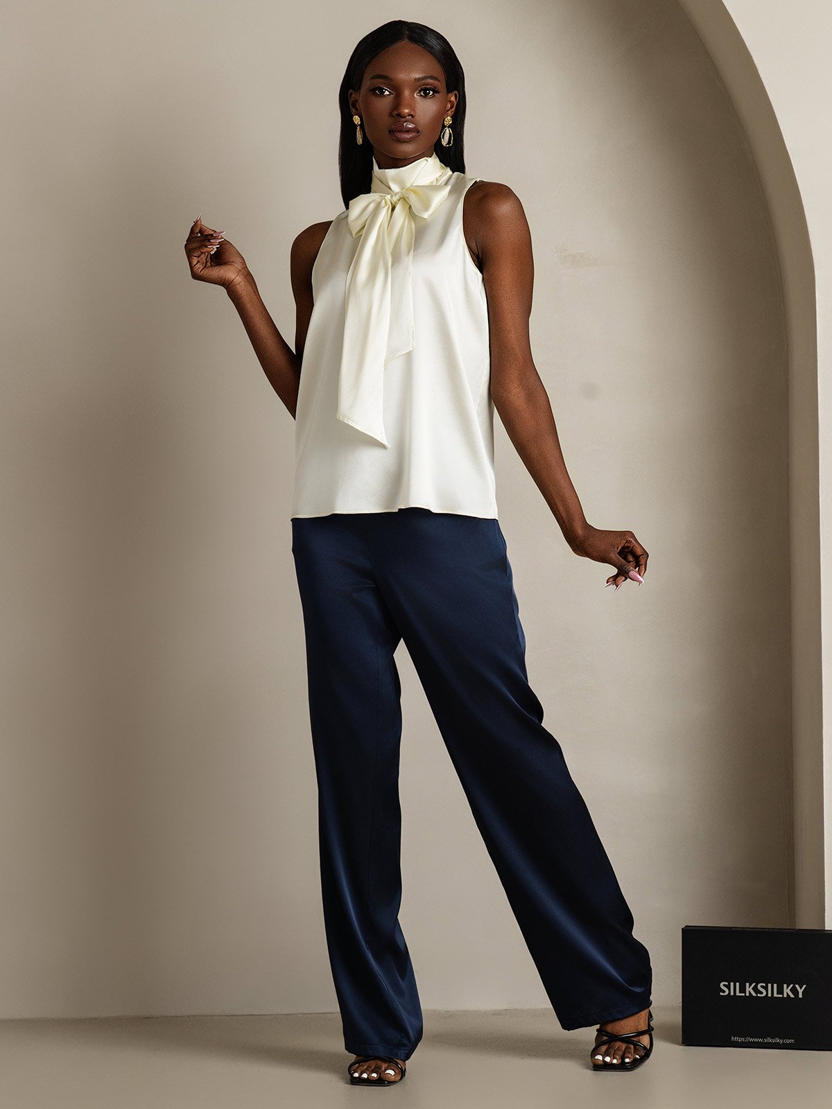 SilkSilky-UK 19Momme Silk Tie Neck Women's Shirt Ivory 007