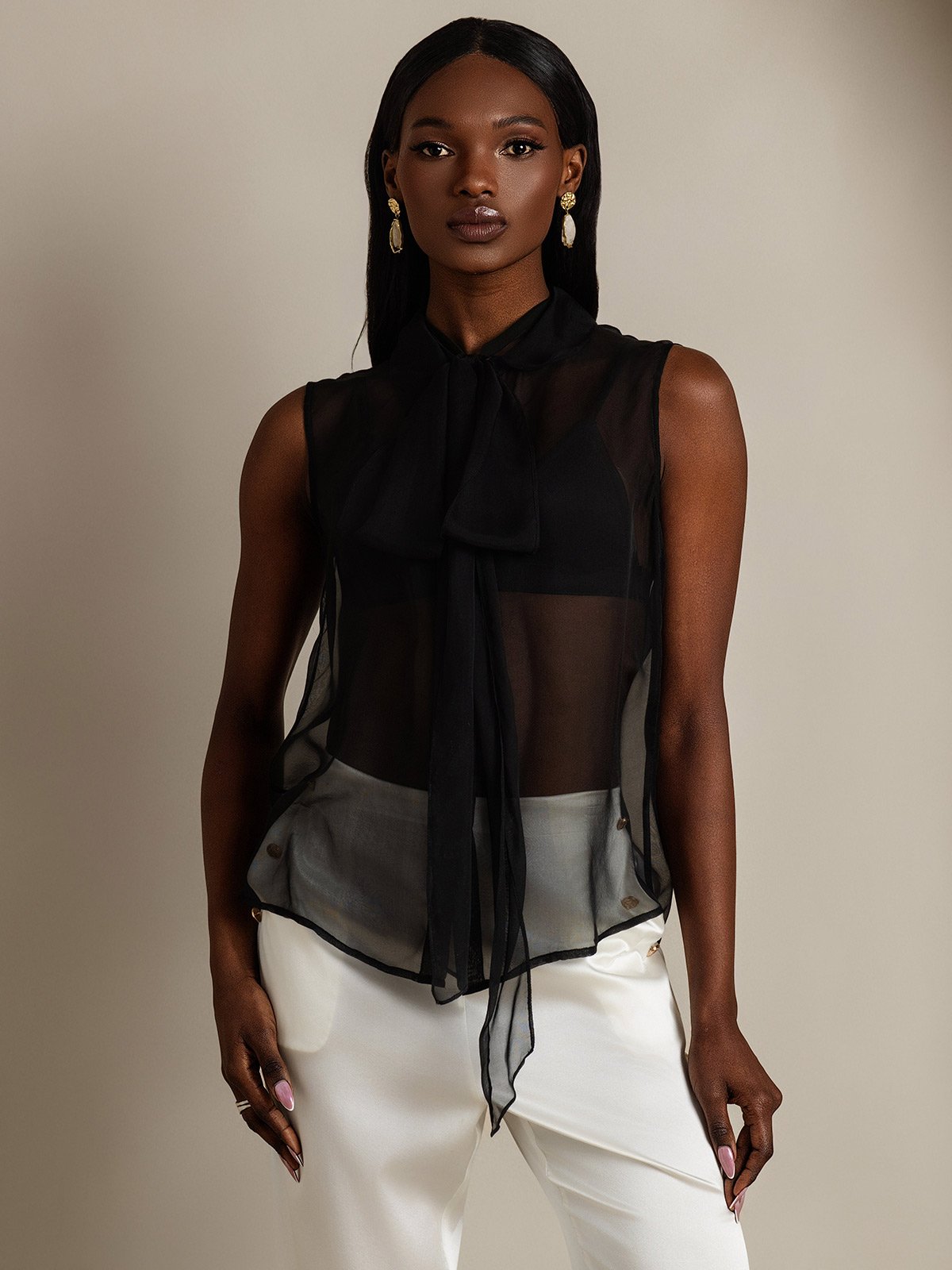 SilkSilky-UK Pure Silk Sleeveless Tie Neck Women's Shirt Black 001