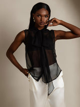 SilkSilky-UK Pure Silk Sleeveless Tie Neck Women's Shirt Black 003