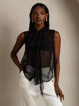 SilkSilky-UK Pure Silk Sleeveless Tie Neck Women's Shirt Black 004