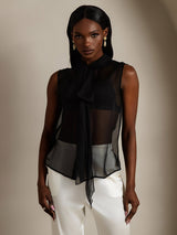 SilkSilky-UK Pure Silk Sleeveless Tie Neck Women's Shirt Black 005