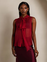 SilkSilky-UK Pure Silk Sleeveless Tie Neck Women's Shirt Wine 001
