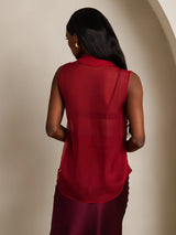 SilkSilky-UK Pure Silk Sleeveless Tie Neck Women's Shirt Wine 002