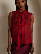 SilkSilky-UK Pure Silk Sleeveless Tie Neck Women's Shirt Wine 003
