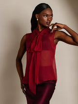 SilkSilky-UK Pure Silk Sleeveless Tie Neck Women's Shirt Wine 004
