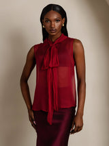 SilkSilky-UK Pure Silk Sleeveless Tie Neck Women's Shirt Wine 005