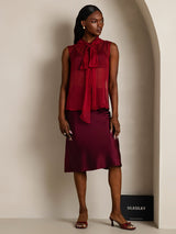 SilkSilky-UK Pure Silk Sleeveless Tie Neck Women's Shirt Wine 006
