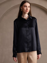 [Black] SilkSilky-UK 19Momme Stretch Silk Charmeuse Long Sleeve Lapel Collar Women's Shirt 001