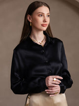 [Black] SilkSilky-UK 19Momme Stretch Silk Charmeuse Long Sleeve Lapel Collar Women's Shirt 004