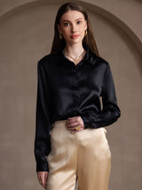 [Black] SilkSilky-UK 19Momme Stretch Silk Charmeuse Long Sleeve Lapel Collar Women's Shirt 005