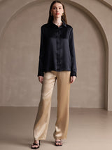[Black] SilkSilky-UK 19Momme Stretch Silk Charmeuse Long Sleeve Lapel Collar Women's Shirt 007