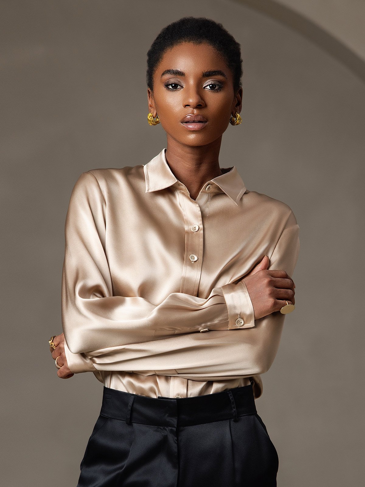 [Champagne] SilkSilky-UK Long Sleeve Lapel Collar Women's Shirt 001
