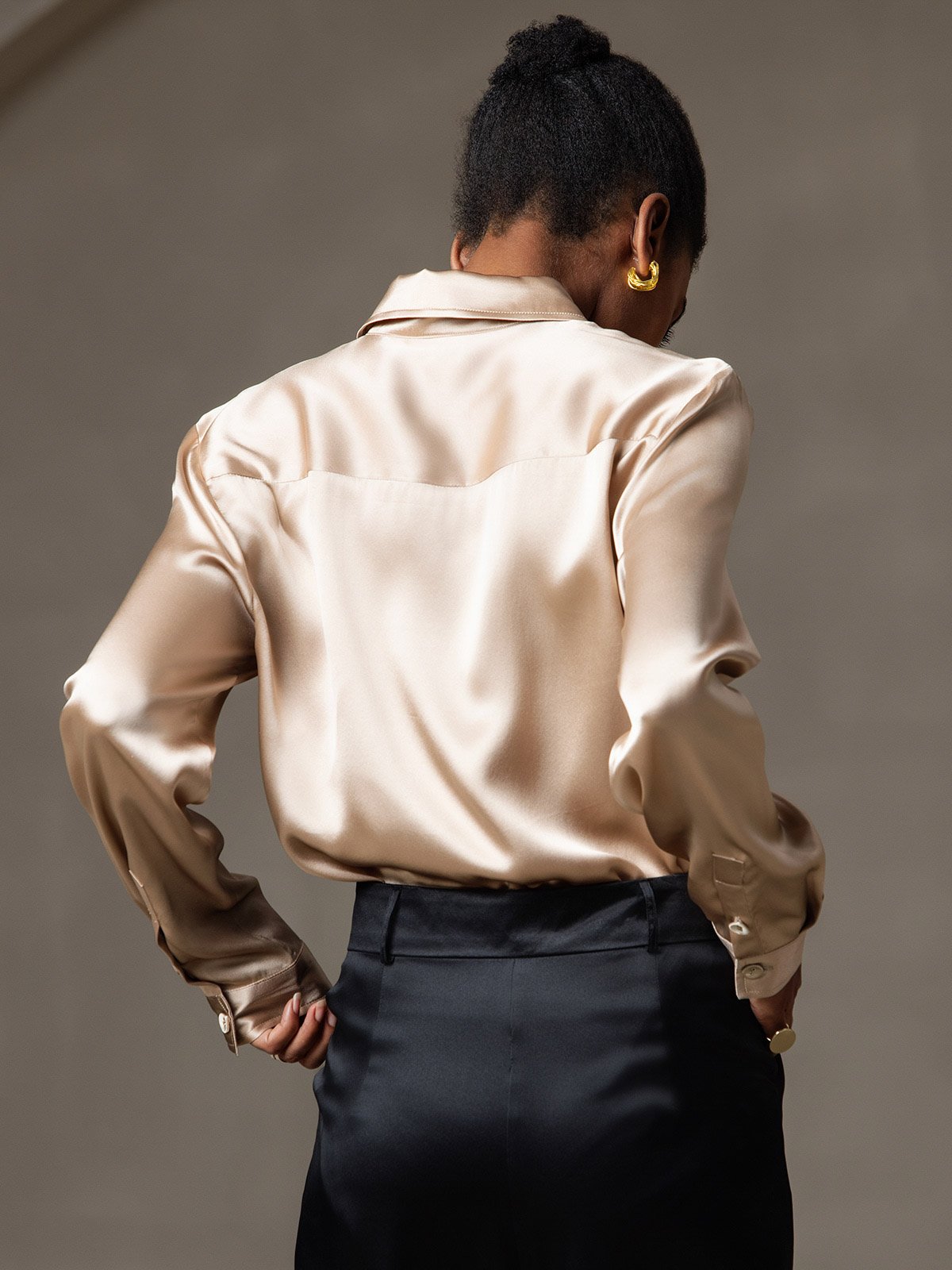[Champagne] SilkSilky-UK 19Momme Stretch Silk Charmeuse Long Sleeve Lapel Collar Women's Shirt 002