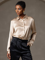 [Champagne] SilkSilky-UK 19Momme Stretch Silk Charmeuse Long Sleeve Lapel Collar Women's Shirt 003