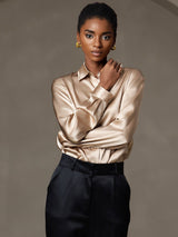 [Champagne] SilkSilky-UK 19Momme Stretch Silk Charmeuse Long Sleeve Lapel Collar Women's Shirt 005
