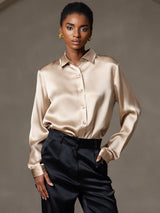 [Champagne] SilkSilky-UK 19Momme Stretch Silk Charmeuse Long Sleeve Lapel Collar Women's Shirt 006
