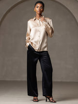 [Champagne] SilkSilky-UK 19Momme Stretch Silk Charmeuse Long Sleeve Lapel Collar Women's Shirt 008