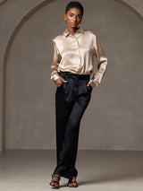 [Champagne] SilkSilky-UK 19Momme Stretch Silk Charmeuse Long Sleeve Lapel Collar Women's Shirt 009