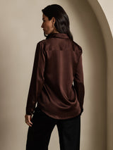 [Coffee] SilkSilky-UK 19Momme Stretch Silk Charmeuse Long Sleeve Lapel Collar Women's Shirt 002