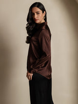 [Coffee] SilkSilky-UK 19Momme Stretch Silk Charmeuse Long Sleeve Lapel Collar Women's Shirt 004