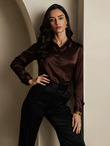 [Coffee] SilkSilky-UK 19Momme Stretch Silk Charmeuse Long Sleeve Lapel Collar Women's Shirt 005
