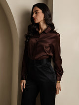 [Coffee] SilkSilky-UK 19Momme Stretch Silk Charmeuse Long Sleeve Lapel Collar Women's Shirt 006