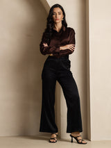 [Coffee] SilkSilky-UK 19Momme Stretch Silk Charmeuse Long Sleeve Lapel Collar Women's Shirt 008