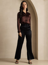 [Coffee] SilkSilky-UK 19Momme Stretch Silk Charmeuse Long Sleeve Lapel Collar Women's Shirt 009