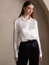 [White] SilkSilky-UK 19Momme Stretch Silk Charmeuse Long Sleeve Lapel Collar Women's Shirt 001