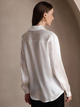 [White] SilkSilky-UK 19Momme Stretch Silk Charmeuse Long Sleeve Lapel Collar Women's Shirt 002
