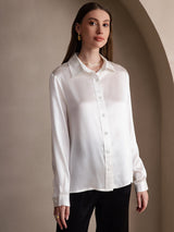 [White] SilkSilky-UK 19Momme Stretch Silk Charmeuse Long Sleeve Lapel Collar Women's Shirt 003