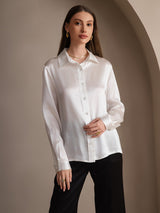 [White] SilkSilky-UK 19Momme Stretch Silk Charmeuse Long Sleeve Lapel Collar Women's Shirt 004