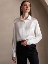 [White] SilkSilky-UK 19Momme Stretch Silk Charmeuse Long Sleeve Lapel Collar Women's Shirt 005