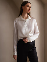 [White] SilkSilky-UK 19Momme Stretch Silk Charmeuse Long Sleeve Lapel Collar Women's Shirt 006