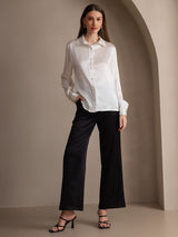 [White] SilkSilky-UK 19Momme Stretch Silk Charmeuse Long Sleeve Lapel Collar Women's Shirt 007