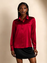 [Wine] SilkSilky-UK 19Momme Stretch Silk Charmeuse Long Sleeve Lapel Collar Women's Shirt 001