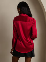 [Wine] SilkSilky-UK 19Momme Stretch Silk Charmeuse Long Sleeve Lapel Collar Women's Shirt 002