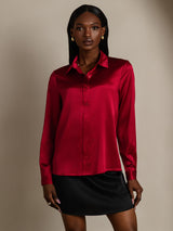 [Wine] SilkSilky-UK 19Momme Stretch Silk Charmeuse Long Sleeve Lapel Collar Women's Shirt 003