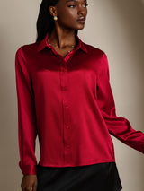 [Wine] SilkSilky-UK 19Momme Stretch Silk Charmeuse Long Sleeve Lapel Collar Women's Shirt 004