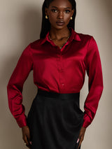 [Wine] SilkSilky-UK 19Momme Stretch Silk Charmeuse Long Sleeve Lapel Collar Women's Shirt 005