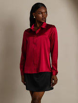 [Wine] SilkSilky-UK 19Momme Stretch Silk Charmeuse Long Sleeve Lapel Collar Women's Shirt 007
