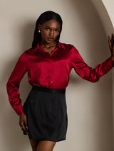 [Wine] SilkSilky-UK 19Momme Stretch Silk Charmeuse Long Sleeve Lapel Collar Women's Shirt 009