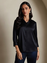 [Black] SilkSilky-UK 19Momme Stretch Silk Charmeuse 3/4 Sleeve Lapel Collar Women's Shirt 001
