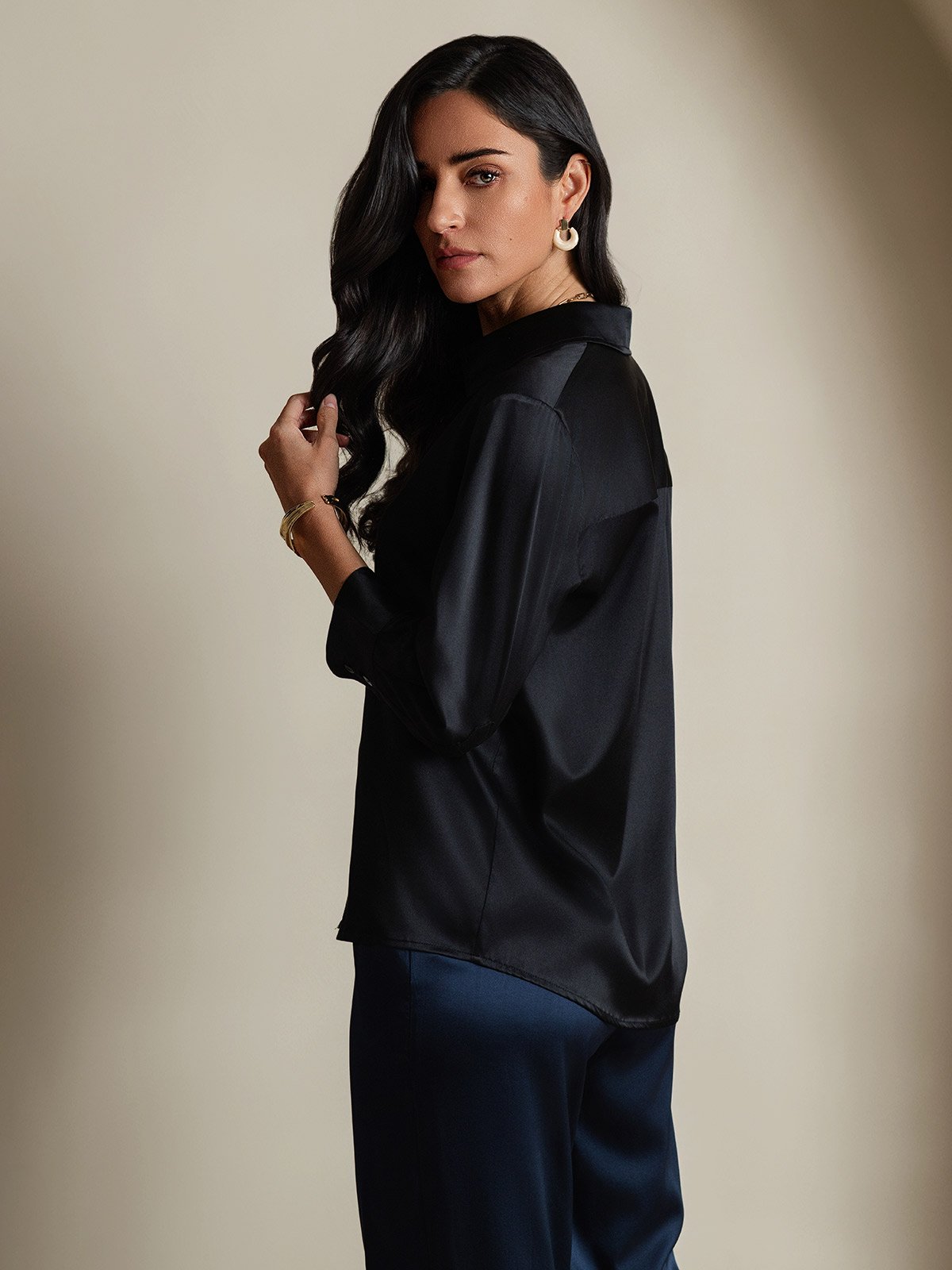 [Black] SilkSilky-UK 19Momme Silk 3/4 Sleeve Lapel Collar Women's Shirt 002