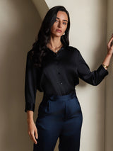 [Black] SilkSilky-UK 19Momme Stretch Silk Charmeuse 3/4 Sleeve Lapel Collar Women's Shirt 003