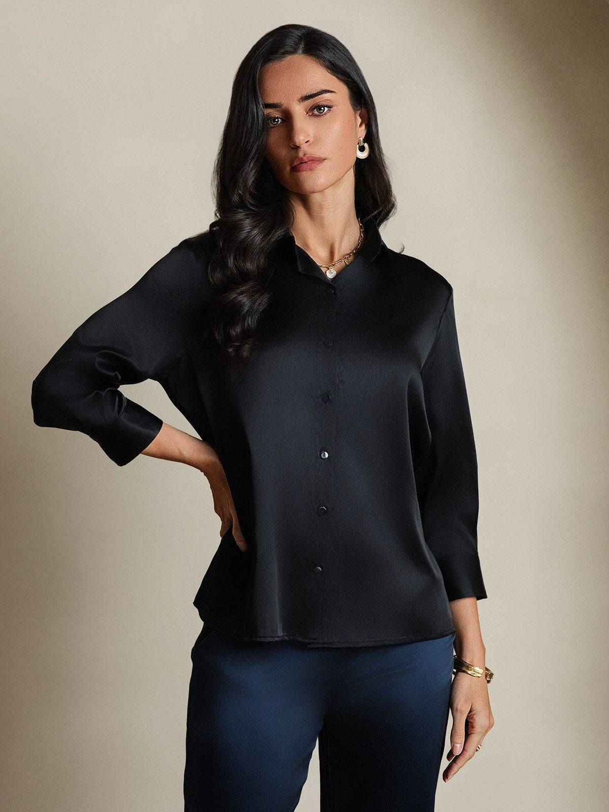 [Black] SilkSilky-UK 19Momme Silk Lapel Collar Women's Shirt 004